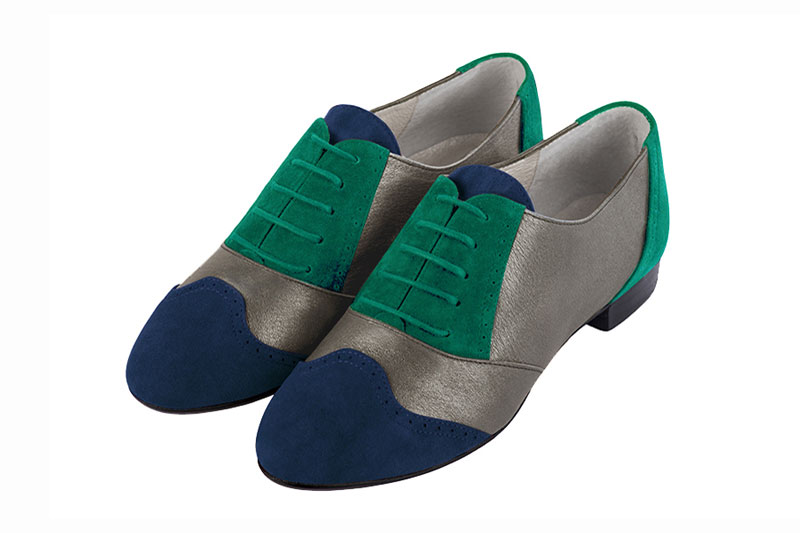 Navy blue, taupe brown and emerald green women's fashion lace-up shoes.. Front view - Florence KOOIJMAN